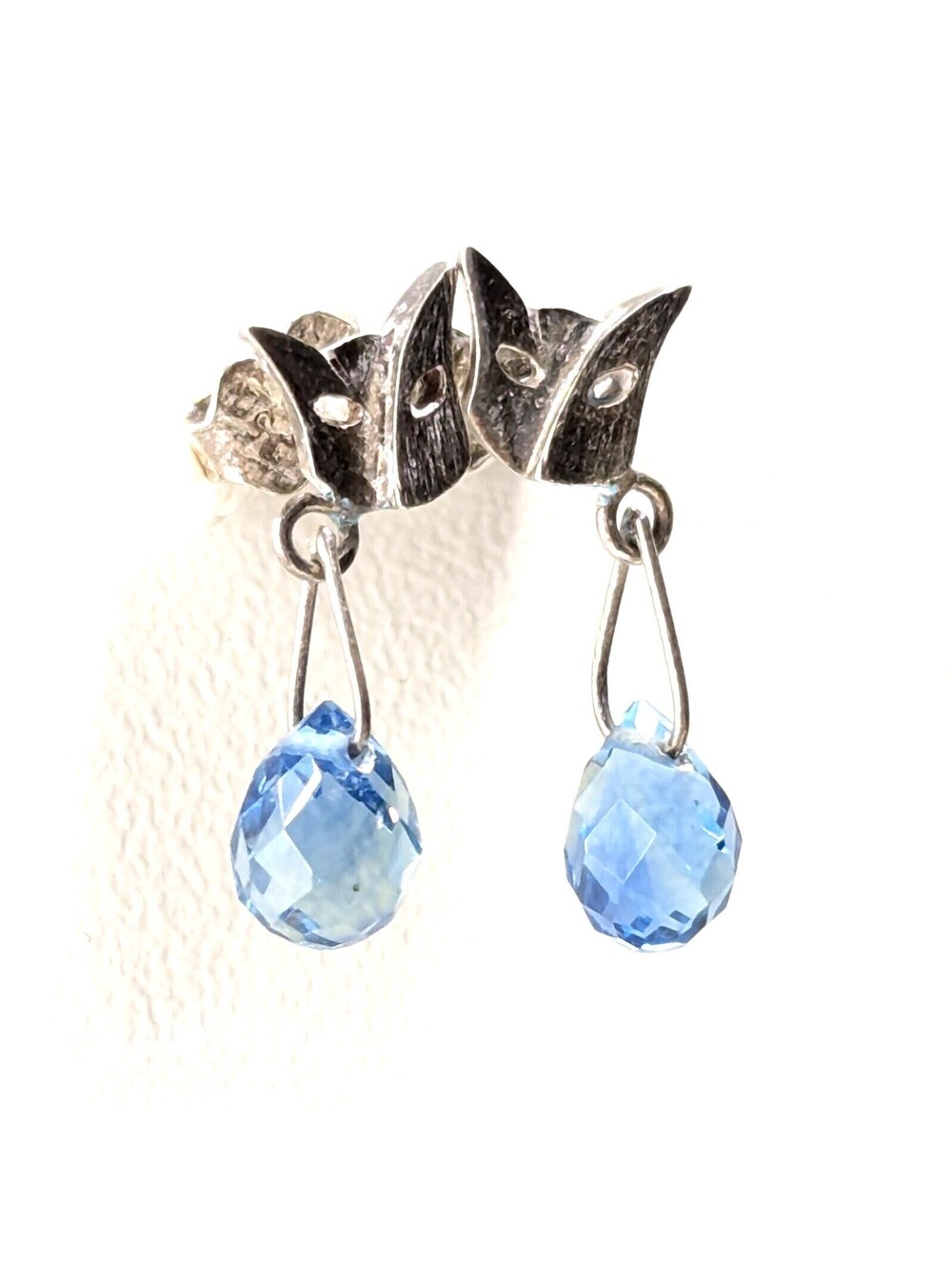 Sterling Silver 925 Unique Cat Face Dangle Drop Earrings Clear Blue Gems 1.5g